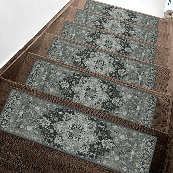 Non Slip Stair Treads for Wooden Steps 15PCS - 8"x30" Indoor Safety Carpet, Edging Mats with TPE Adhesive Backing, Pet and Elderly Friendly Stair Rugs (Black&Olive)