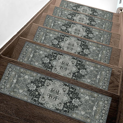 Non Slip Stair Treads for Wooden Steps 15PCS - 8"x30" Indoor Safety Carpet, Edging Mats with TPE Adhesive Backing, Pet and Elderly Friendly Stair Rugs (Black&Olive)