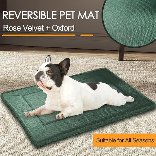 Washable Dog Bed Plush Orthopedic Outdoor Crate Mat with Non-Slip Bottom,Luxe Soft Kennel Pad for Pets,Cozy Cage Cushion & Pet Sleeping Mattress Large Sized,Medium,Small Dogs,36 x 24 inch,Green