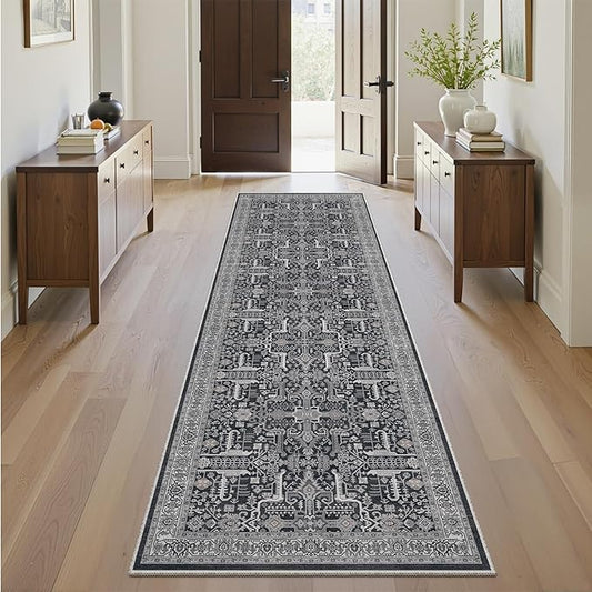 Washable 2x8 Runner Rug - Non Slip Vintage Kitchen Runner Rugs Low-Pile Distressed Long Rugs for Hallway Waterproof Indoor Carpet for Living Room Bedroom Entryway 2x8 Black