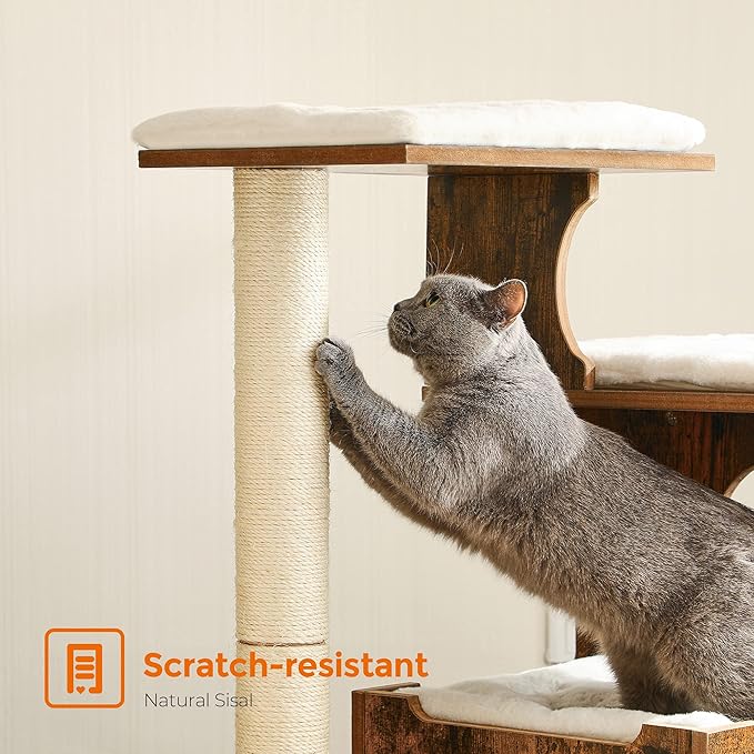 FEANDREA 33.9-Inch Cat Tower, Medium Cat Tree with 3 Beds and Cave, Cat Condo Made of MDF with Wood Veneer, Sisal Post and Washable Faux Fur, Vintage, Rustic Brown and White UPCT70HW