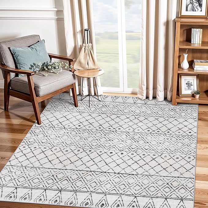 Moroccan Square 4x4 Washable Rug: Non-Slip Area Rugs for Bedroom Living Room Dining Room - Low Pile Easy Clean Geometric Print Carpet - Modern Boho Floor Mat for Family with Pets 4x4 Geo Grey