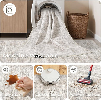 Rug Runners for Hallways Non Slip - 2x8 Runner Rug for Bedroom, Washable Runner with Rubber Backing, Soft Low-Pile Carpet for Kitchen, Laundry, Bathroom (2'x8', Brown/Grey/Ivory)