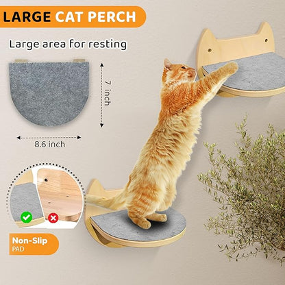 Cat Wall Shelves with 3 Steps – Modern Wood Wall Mounted Furniture, Climber & Perch Shelf for Cats up to 30lbs – Sturdy Floating Bed for Large Cats