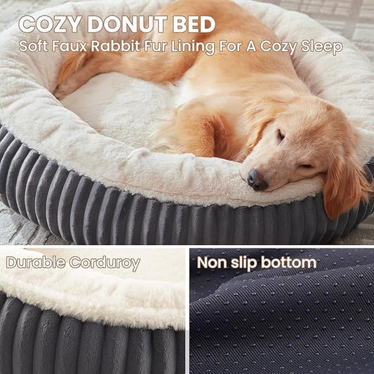 36 inches Donut Dog Bed for Large Dogs - Calming Round Pet Bed with Removable Cover,Washable Milk Plush Faux Fur, Fits Pets up to 80 lbs(Charcoal,Large)