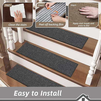 BEQHAUSE Stair Treads for Wooden Steps 28inX9in, Carpet Stair Treads Non Slip Indoor, Machine Washable Stair Runners for Kids Elders and Pets, Carpet for Stair Rugs Mat, TPE Backing, 4pcs, Charcoal
