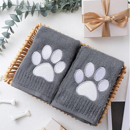 2 Pcs Dog Paw Hand Towels Dark Grey Bathroom Decor 13 x 29 Inch 100% Cotton Embroidered Hand Towels Soft Absorbent Farmhouse for Kitchen Restroom