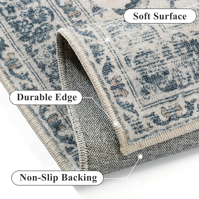 Blue Runner Rug 2x6 Washable Vintage Long Carpet Low Pile Traditional Distressed Retro Accent Indoor Hallway Throw Rug Non Slip for Kitchen Laundry Bathroom Dining Room