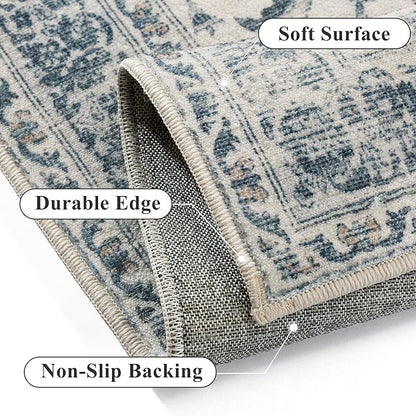 Blue Runner Rug 2x6 Washable Vintage Long Carpet Low Pile Traditional Distressed Retro Accent Indoor Hallway Throw Rug Non Slip for Kitchen Laundry Bathroom Dining Room