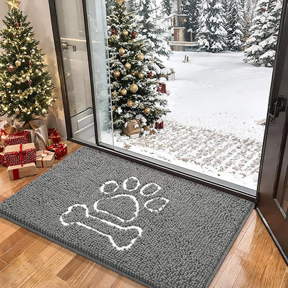 AROGAN Doormat Dog Chenille Doormats Indoor Entrance Grey, Pet Door Mats Washable for Mud Entry Busy Area Dogs Muddy Pawprints 36x24 Inch