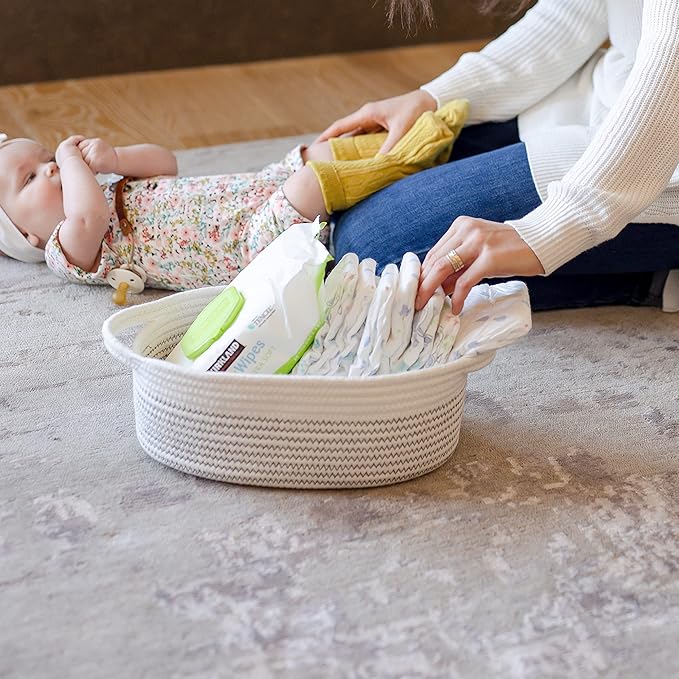 NaturalCozy 3-Piece Oval Storage Basket Set– Soft Natural Rope Woven Baskets for Storage Shelf, Toy, Nursery, Gift, Baby Shower, Pets Cat Dog Bins | Small Basket for Organizing (Black Stitching)