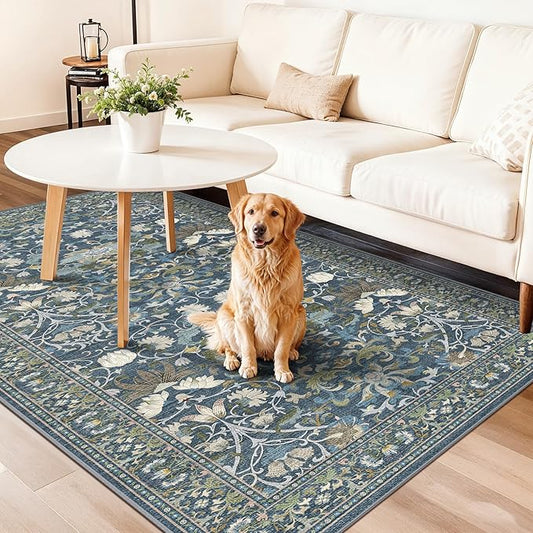 4x8 Washable Kitchen Area Rug: Farmhouse Stain-Resistant Elegant Floral Rug for Living Room Bedroom Wide Soft Carpet for Entryway Bathroom Thin Hallway Floor Mat with Non Slip Backing(4x8,Floral/Blue)