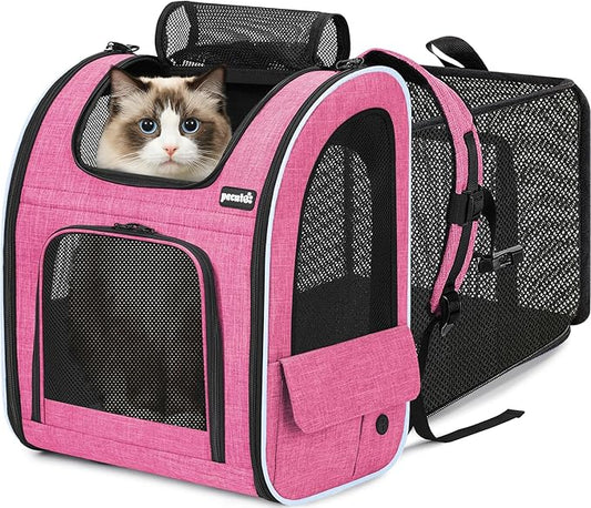 Pecute Cat Backpack Carrier Expandable, Pet Backpack for Cats & Small Dogs Up to 11lbs, with 4-Side Breathable Mesh, Multi-Entry & Lockable Zippers for Travel, Hiking, Camping - Hands Free, Pink