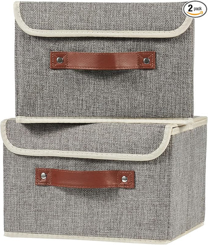 2PCS Storage Boxes with Lid Cotton Linen Fabric Storage Bins Organizer Container Decorative Collapsible Washable Shelf Closet Baskets Faux Leather Handles Home Bedroom (Gray, Small Size)