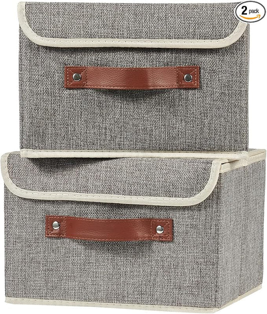 2PCS Storage Boxes with Lid Cotton Linen Fabric Storage Bins Organizer Container Decorative Collapsible Washable Shelf Closet Baskets Faux Leather Handles Home Bedroom (Gray, Small Size)