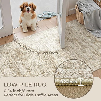 Kitchen Runner Rugs Non Skid Washable - 2.5 x 10 Runner Rug with Anti Slip Backing, Ultra-Thin Soft Rug Runner for Hallway, Bedroom, Living Room (2.5'x10', Brown/Ivory)