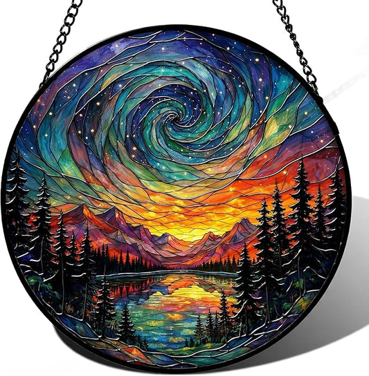 Sanwarm Stained Glass Window Hanging, Galaxy Sky Mountain Suncatcher Window Decor for Indoor Home Sun Catcher Ornament, Mother’s Day & Birthday Gift for Women, Men, Mom & Nana, 7.8 in