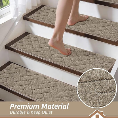 BEQHAUSE Edging Stair Treads for Wooden Steps 9" x 28", Non Slip Carpet Stair Treads Indoor Stair Runners, Soft Stair Rugs, Machine Washable, 100% Polyester, TPE Backing, 15pcs, Beige