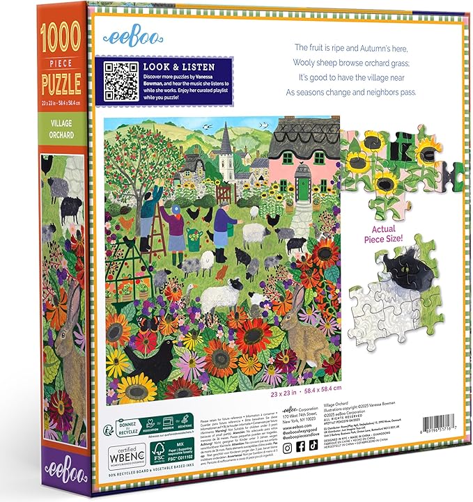 eeBoo 1000 Piece Puzzle - Village Orchard Jigsaw Puzzle for Adults, Square 23" x 23" Made with Recycled Board & Vegetable-Based Ink