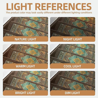 Non Slip Stair Treads for Wooden Steps 15PCS - 8"x30" Indoor Safety Carpet, Edging Mats with TPE Adhesive Backing, Pet and Elderly Friendly Stair Rugs (Amber&Cyan)