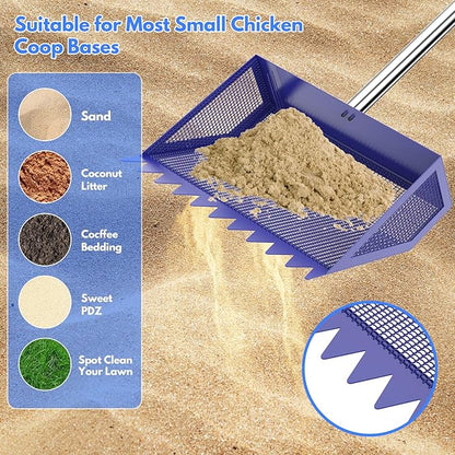 Chicken Poop Scooper & Rake 2-in-1,304 Stainless Steel Shovel Head, Chicken Litter Scoop with Handle for Chicken Coop & Pet Waste Cleaning, Litter Sifting Shovel (35 to 65") (Blue, 10inch)