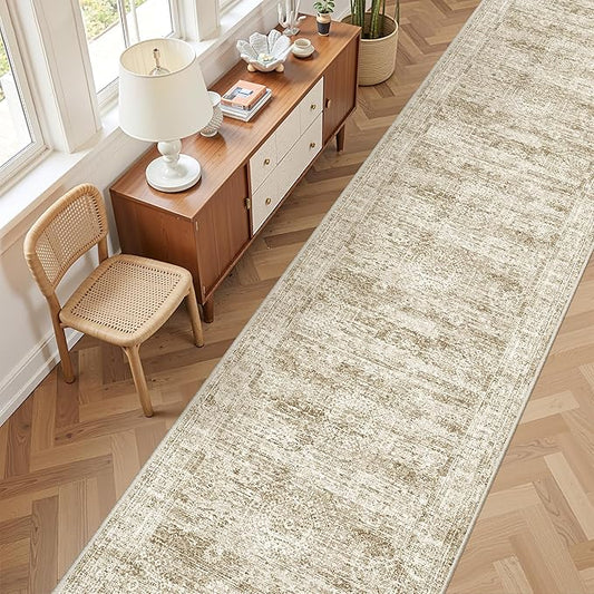 3x14 Washable Runner Rug for Hallway, Non-Slip Long Hallway Runner for Entryway, Soft Vintage Kitchen Mats for Floor, Abstract Dining Room, Bedroom, Living Room Rugs(3'x14', Brown/Ivory)