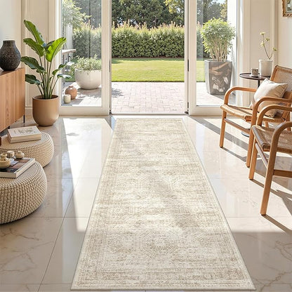 2x7 Runner Rug Non Slip, Thin Entryway Washable Rug for Entryway, Runners for Hallways, Low Pile Vintage Abstract Soft Rugs for Living Room, Kitchen, Bedroom(2'x7', Beige/Ivory)