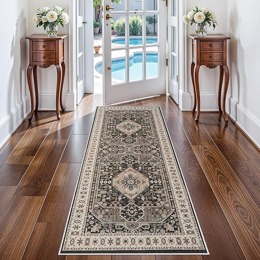 RUUGME 2x5 Kitchen Runner Rug - Indoor Washable Entryway Hallway Rugs with Non Slip Backing Low Pile Stain Resistant Carpet for Bedroom Soft Vintage Home Decor Floor Mat for Bathroom Laundry 2x5 Black