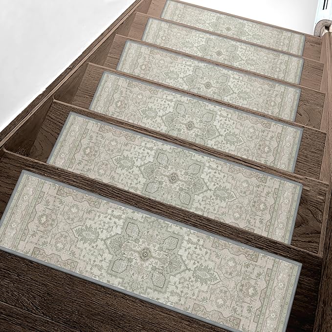 Non Slip Stair Treads for Wooden Steps 15PCS - 8"x30" Indoor Safety Carpet, Edging Mats with TPE Adhesive Backing, Pet and Elderly Friendly Stair Rugs (Sage&Green)