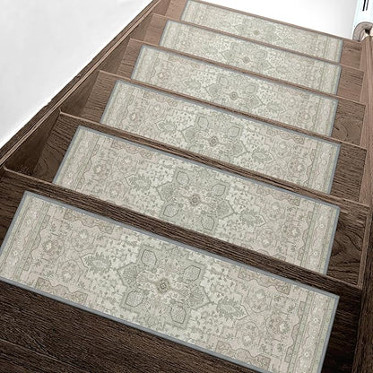 Non Slip Stair Treads for Wooden Steps 15PCS - 8"x30" Indoor Safety Carpet, Edging Mats with TPE Adhesive Backing, Pet and Elderly Friendly Stair Rugs (Sage&Green)