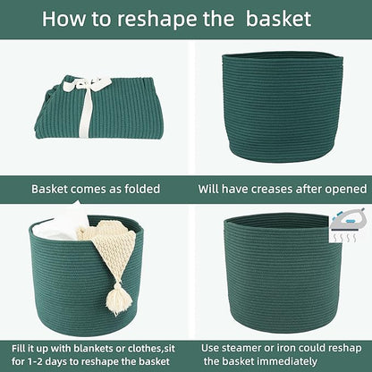 Cotton Rope Basket For Girls Boys Kids 16”X14” Baby Laundry Basket Nursery Bin Round Woven Baskets Organizer For Storage Toys Blankets Shoes Clothes dark green
