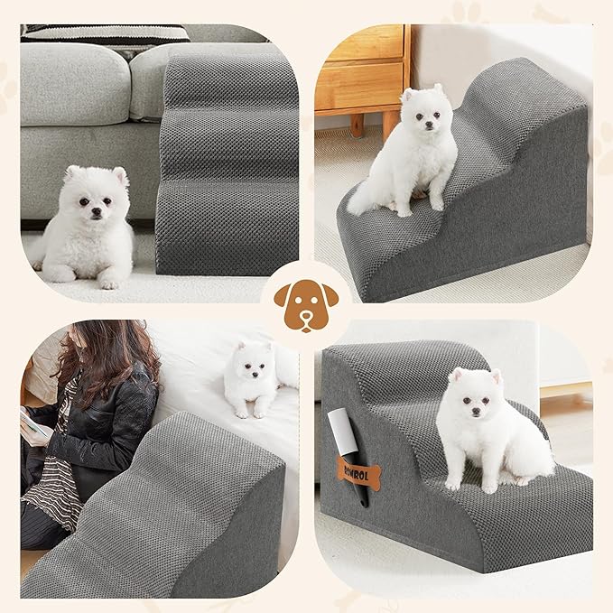 Romrol Dog Stairs Ramp for High Bed, 33D Pet Stairs Steps with Durable Non-Slip Waterproof Fabric Cover, Dog Slope Stairs to Bed for Small Dogs and Cats or Pets Joints, 3-Steps