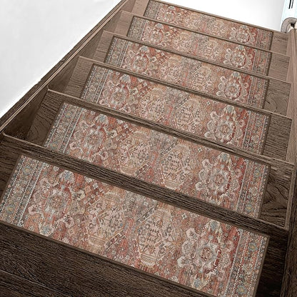 Non Slip Stair Treads for Wooden Steps 15PCS - 8"x30" Indoor Safety Carpet, Edging Mats with TPE Adhesive Backing, Pet and Elderly Friendly Stair Rugs (Brick)