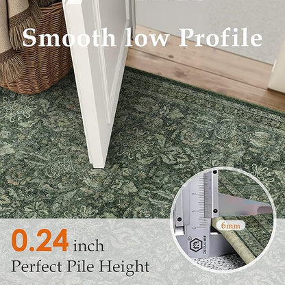 Dark Green 2x6 Runner Rug Washable Hallway Kitchen Vintage Carpet Indoor Non Slip Small Low Plie Thin Bedroom Bathroom Rug Retro Accent Throw Dining Living Room