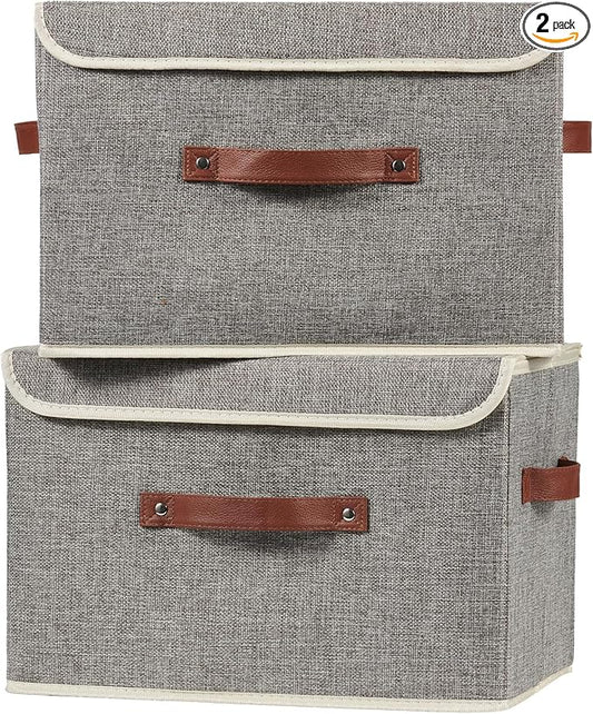 2PCS Storage Boxes with Lid Cotton Linen Fabric Storage Bins Organizer Container Decorative Collapsible Washable Shelf Closet Baskets Faux Leather Handles Home Bedroom (Gray, Large Size)