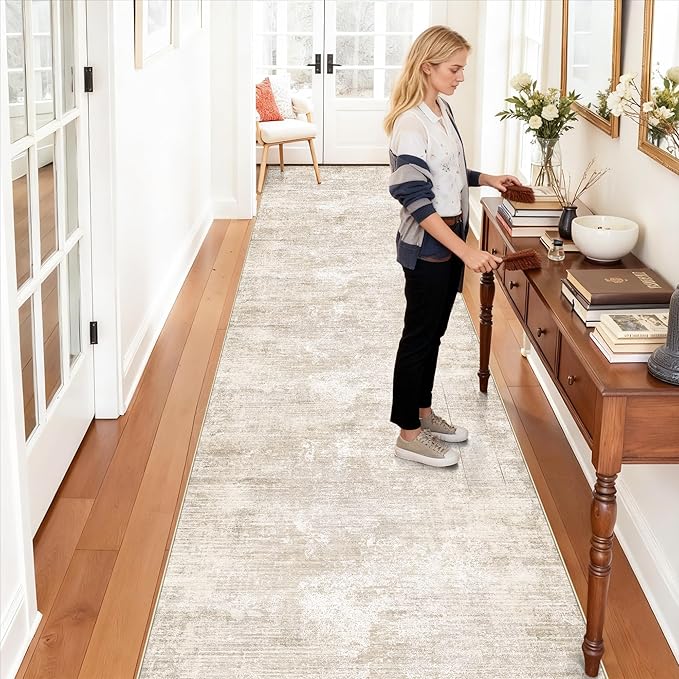 Washable Abstract Kitchen Runner Rug: Neutral Soft Carpet Runners for Hallway 12ft Stain-Resistant Entryway Bathroom Rug Modern Living Room Bedroom Floor Mat with Non Slip Backing(2'6x12',Warm/Beige)