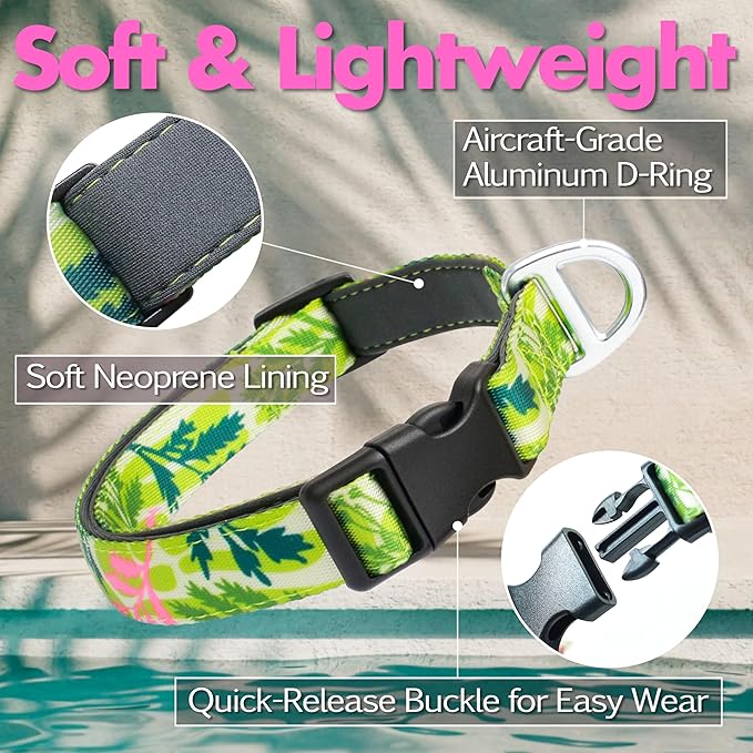 Dog Collar for Large Dogs with Reflective Logo and Soft Padded Neoprene,Summer Tropical Leaf Design,Adjustable,Lightweight & Durable, Neck Size 16’’-25’’ (Leaf, L)