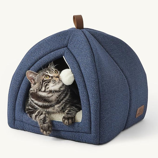 Bedsure Cat Beds for Indoor Cats - 2 in 1 Cat Cave House Tent for Kittens and Small Pets with Removable Washable Cushioned Pillow, Foldable Kitten Hideaway with Non-Slip Bottom, Navy, 16 inches