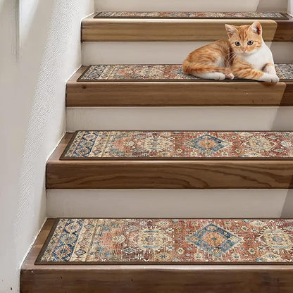 Non Slip Stair Treads for Wooden Steps 15PCS - 8"x30" Indoor Safety Carpet, Edging Mats with TPE Adhesive Backing, Pet and Elderly Friendly Stair Rugs (Antique Red)