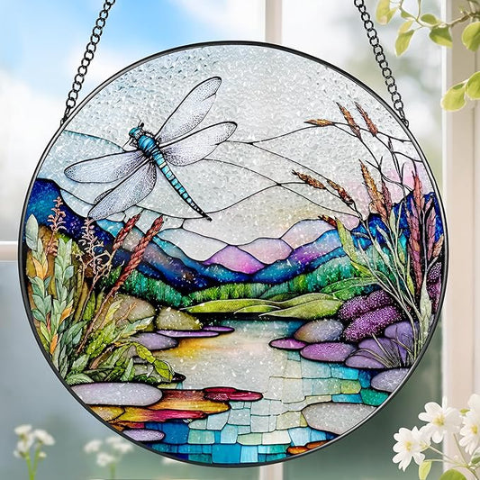 8 Inch Stained Glass Suncatcher Ornament, DOUHASU Dragonfly Sun Catchers Indoor Window, Stained Glass Window Hanging, Home Decor, Dragonfly Lovers Gifts for Her, Women, Mom, Wife