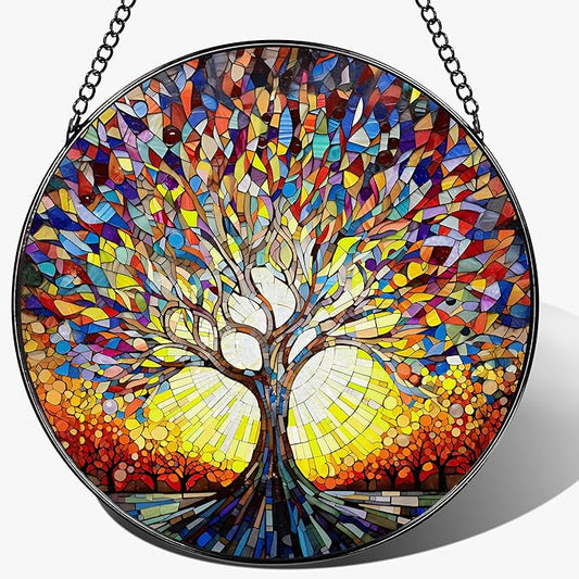 Stained Glass Window Hanging, 8 in Tree of Life Sun Catchers Indoor Window, Stained Glass Suncatcher, Gifts for Women, Her, Wife, Friend and Mom for Mother's Day, Christmas, Birthday