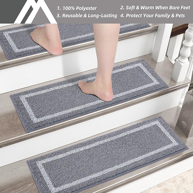 COSY HOMEER Soft Stair Treads Non-Slip Carpet Mat 28inX9in Indoor Stair Runners for Wooden Steps, Stair Rugs for Kids and Dogs, 100% Polyester TPE Backing 7pcs,Grey,Square