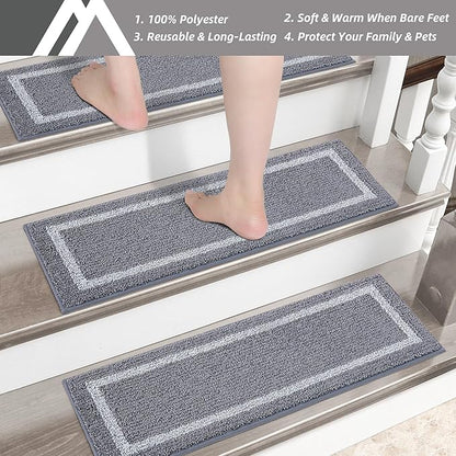 COSY HOMEER Soft Stair Treads Non-Slip Carpet Mat 28inX9in Indoor Stair Runners for Wooden Steps, Stair Rugs for Kids and Dogs, 100% Polyester TPE Backing 10pcs,Grey,Square