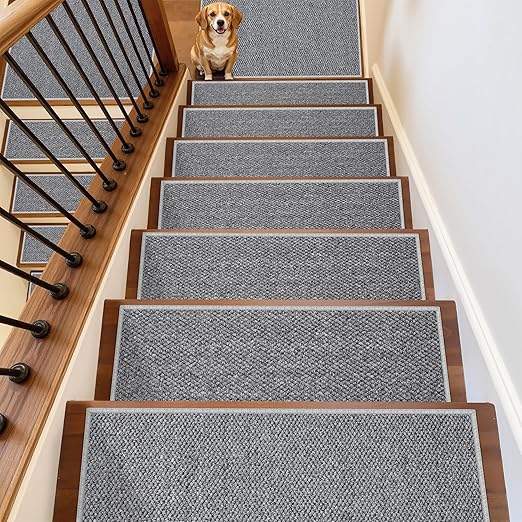 Carpet Stair Treads Non Slip - 10 Pack 8" x 30" Peel and Stick Stairs Tread for Wooden Steps Washable Stair Runners Rug Stain Resistant Edging Staircase Mat for Kids and Dogs(10pc, Grey)