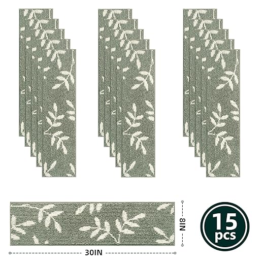Carpet Stair Treads, Non-Slip Stair Treads for Wooden Steps Indoor, 30”x8” Stair Runner for Pets Non Skid Wood Staircase Step Treads Reusable, Set of 15, Green