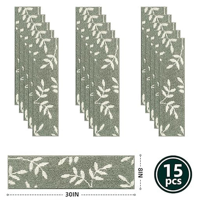Carpet Stair Treads, Non-Slip Stair Treads for Wooden Steps Indoor, 30”x8” Stair Runner for Pets Non Skid Wood Staircase Step Treads Reusable, Set of 15, Green