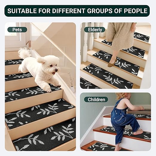 Carpet Stair Treads, Non-Slip Stair Treads for Wooden Steps Indoor, 30”x8” Stair Runner for Pets Non Skid Wood Staircase Step Treads Reusable, Set of 15, Black