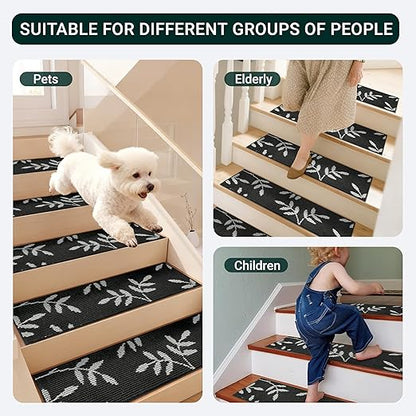 Carpet Stair Treads, Non-Slip Stair Treads for Wooden Steps Indoor, 30”x8” Stair Runner for Pets Non Skid Wood Staircase Step Treads Reusable, Set of 15, Black