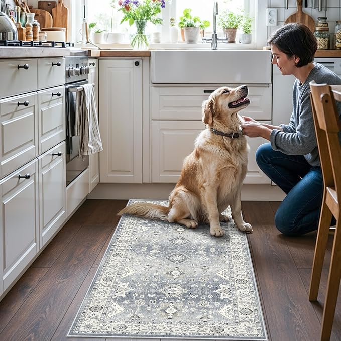 Washable 2x4 Kitchen Sink Rugs: Washable Non-Slip Hardwood Floor Mat for Stove Soft Stain Resistant Carpet Boho Home Decor for High Traffic Area Low-Pile Area Rug for Entryway Foyer(2x4,Grey)