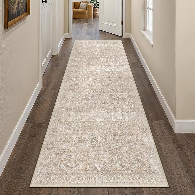 2x8 Runner Rug Washable Beige Vintage Hallway Kitchen Carpet Indoor Non Slip Small Low Plie Thin Bedroom Bathroom Rug Retro Accent Throw Dining Living Room